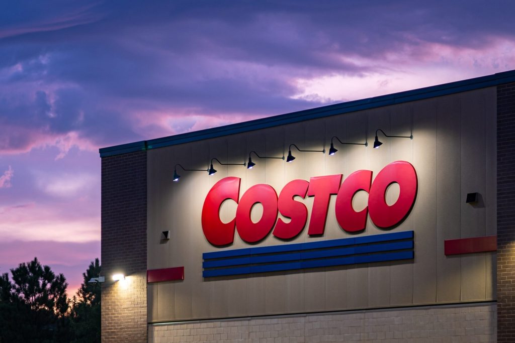 Costco Wholesale storefront at sunset in Pine Plaza, Apex, North Carolina