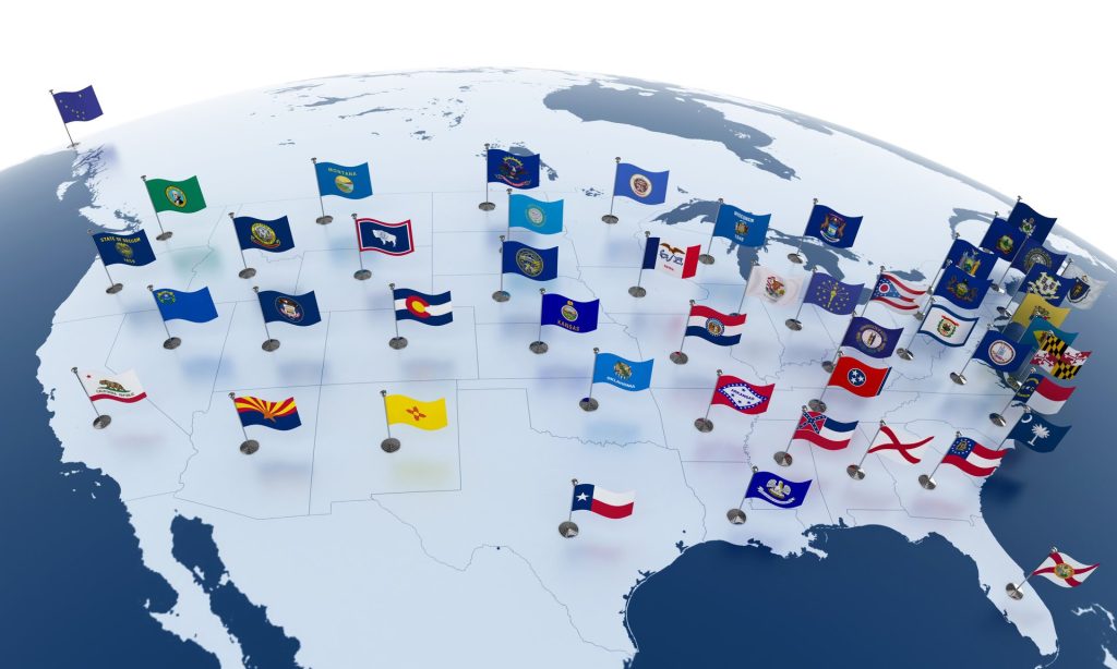 U.S. map with flags marking state capitals.
